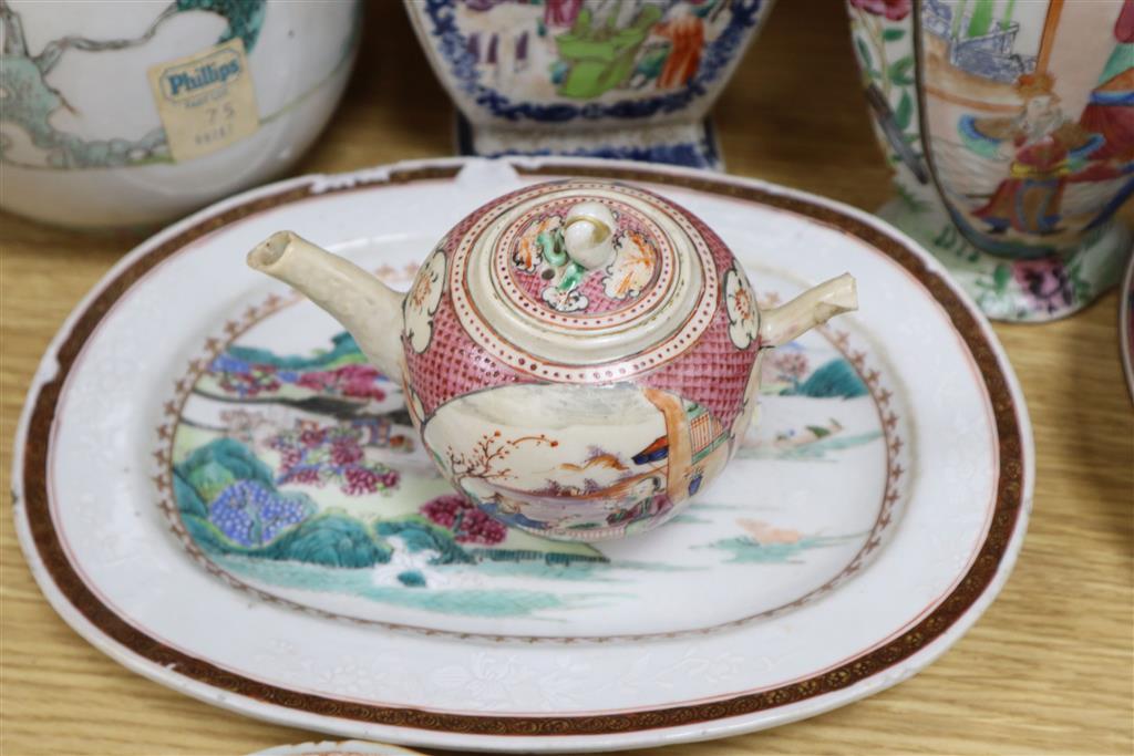 A group of mixed 18th and 19th century Chinese famille rose ceramics, some damage throughout